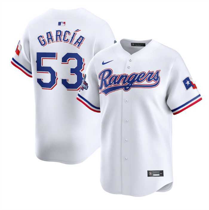 Men's Texas Rangers #53 Adolis Garcia White 2023 World Series Champions Stitched Baseball Jersey Dzhi